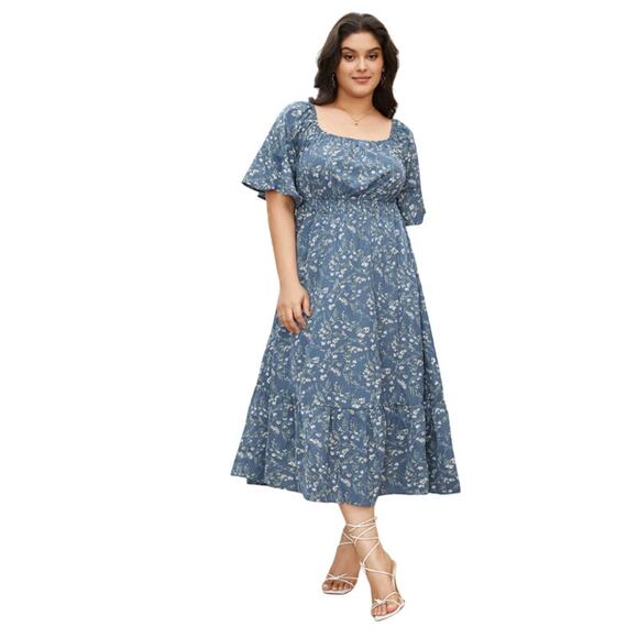 BloomChic Ditsy Floral Pocket Square Neck Shirred Ruffles Dress 2X, NWT - Picture 1 of 7